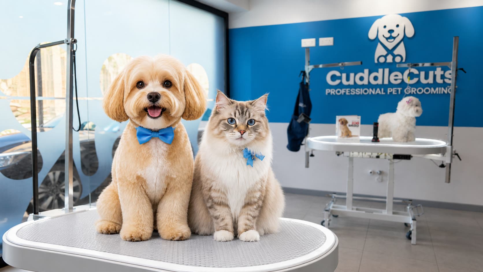 A freshly groomed cream dog and a long-haired tabby cat sitting side by side on the grooming table inside the CuddleCuts salon.