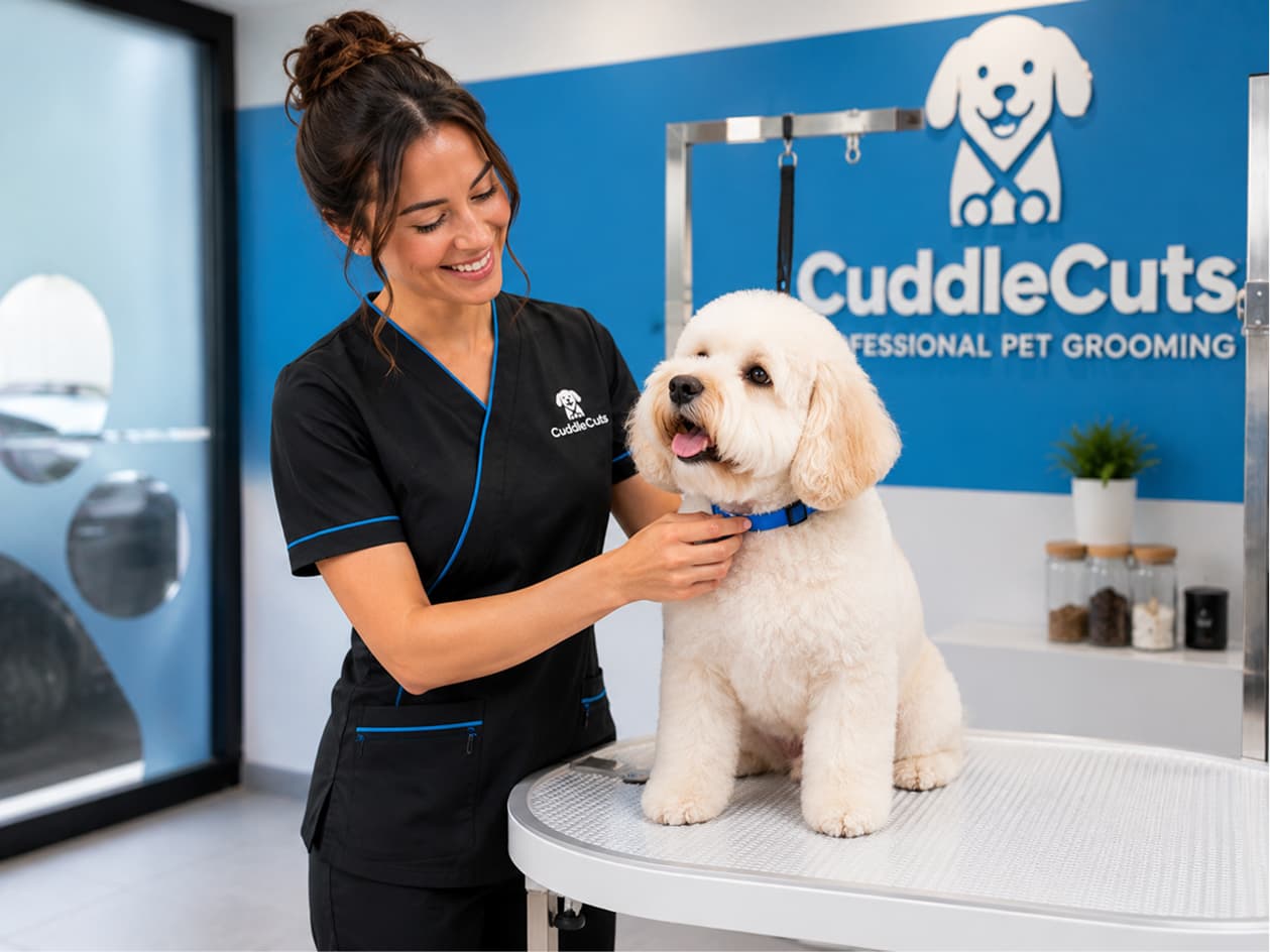 A CuddleCuts groomer working on a small white dog at the salon grooming table.
